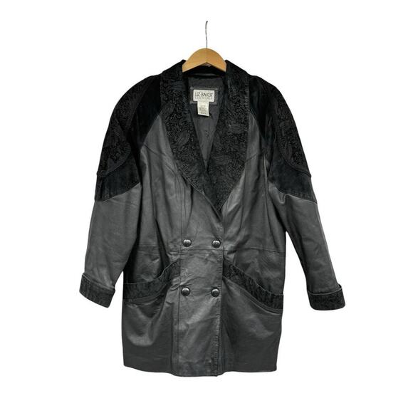 Vintage Liz Baker Essentials 100% Leather Paisley Double Breasted Jacket M - Picture 1 of 10